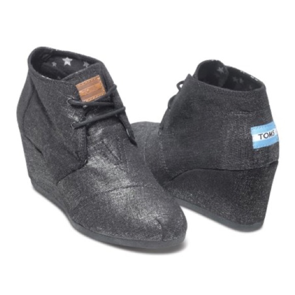 Toms Wedge Boots in Jet Black Metallic Linen Desert Sz 7.5